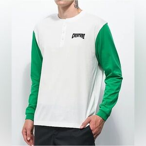 NWOT- Creature Dealer Green & White Long Sleeve Henley Shirt Men's
